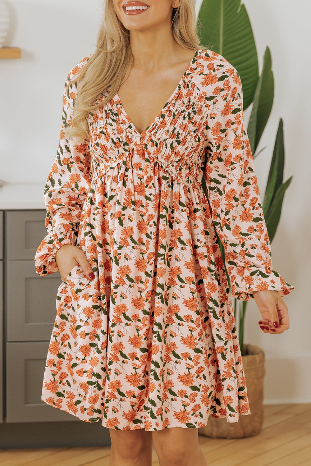 Beige Floral Babydoll Dress