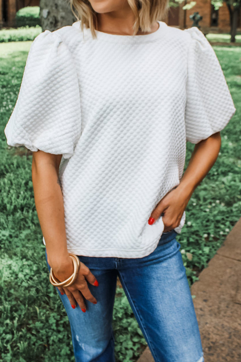 White Textured Puff Sleeve